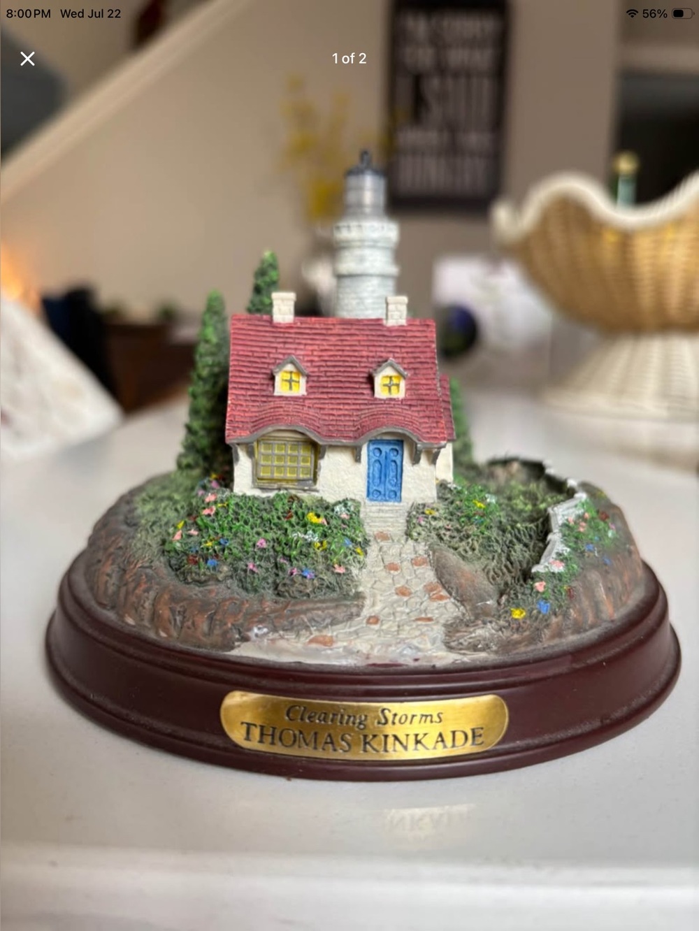 Thomas Kinkade Cottage Figurine — Red Roof, Blue Door, Cream Walls